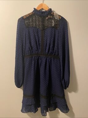 NWT Dark Pink, blue with black lace, long sleeve dress, Size: 6.